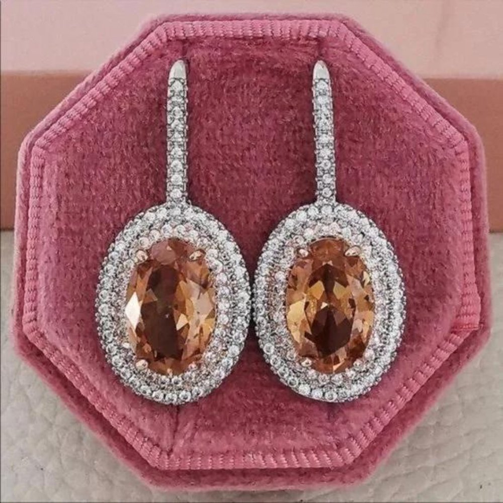 SILVER OVAL DIAMOND MORGANITE HOOP EARRINGS, BEAUTIFUL EARRINGS, CUTE EARRINGS. - Picture 4 of 5